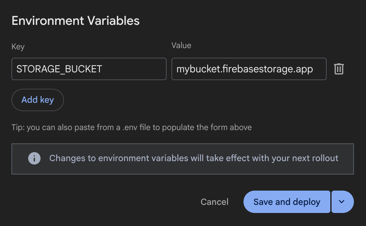 A screen capture of the Firebase console dialog for adding environment variables