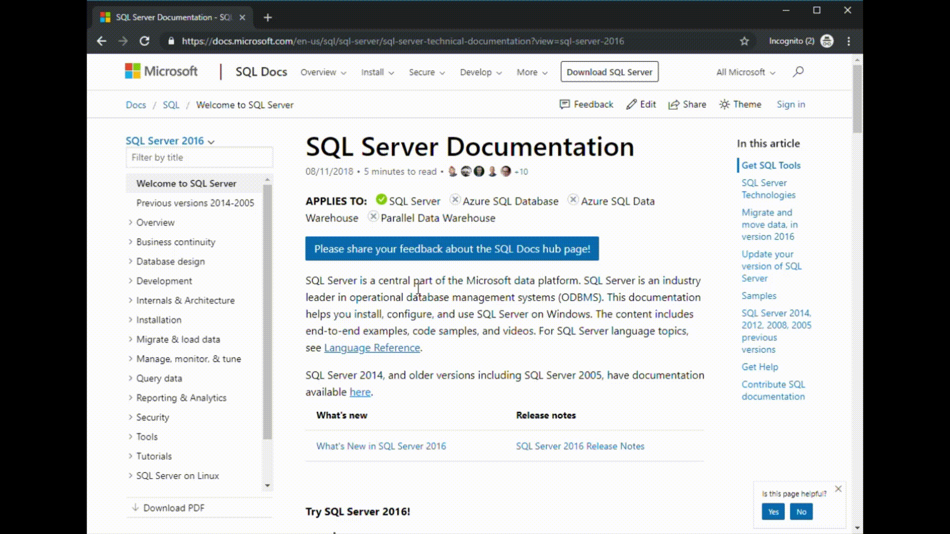 SQL Docs version filter