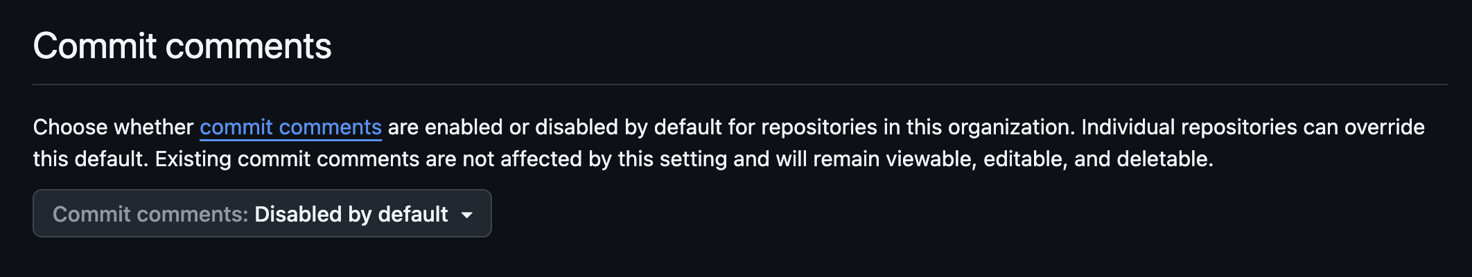 Screenshot of the organization-level commit comments setting
