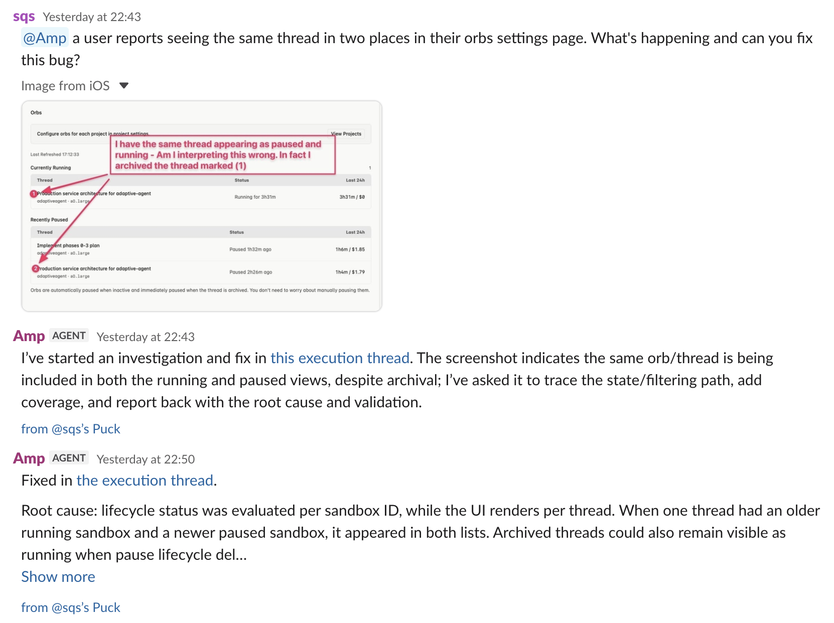 Amp investigating and fixing a user bug from a Slack message