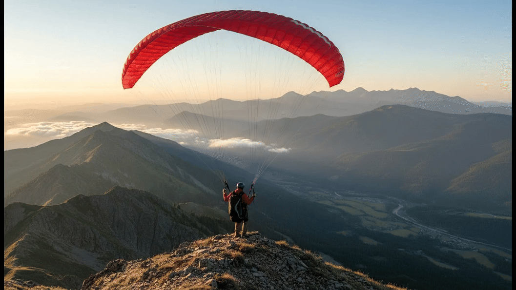 A paraglider takes off from the top of a mountain