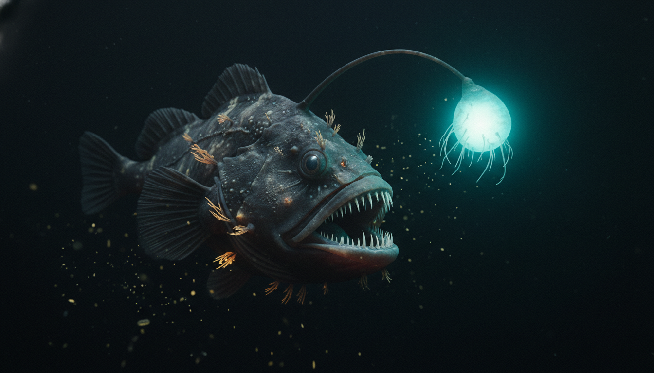 A dark and glowing angler fish