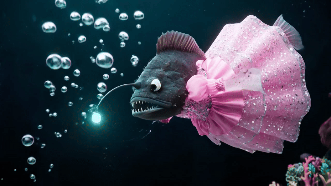 An angler fish wearing a princess costume