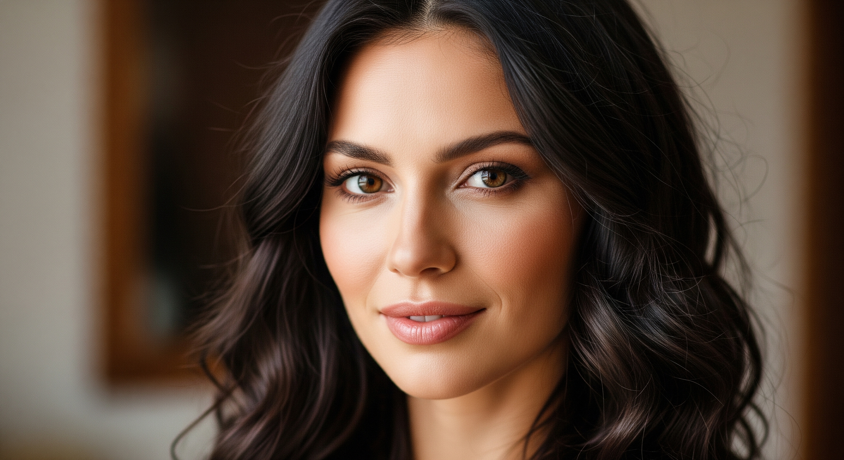 Beautiful woman with dark hair and warm brown eyes