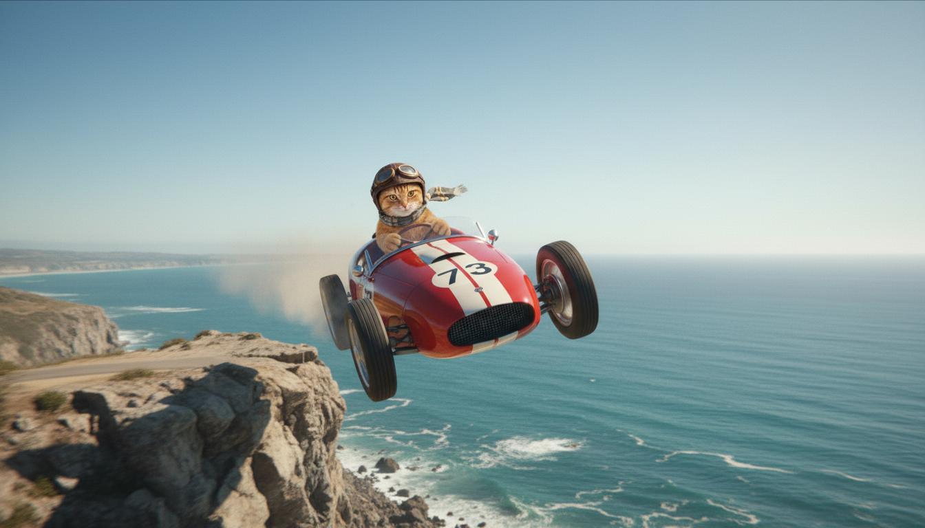 A ginger cat driving a red convertible goes off a cliff