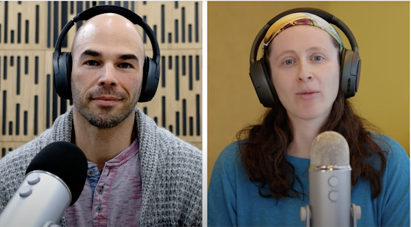 Two people looking at camera with headphones on, talking into microphone