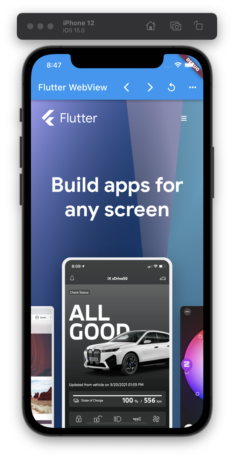 iPhone simulator running a Flutter app with an embedded webview showing the Flutter.dev homepage