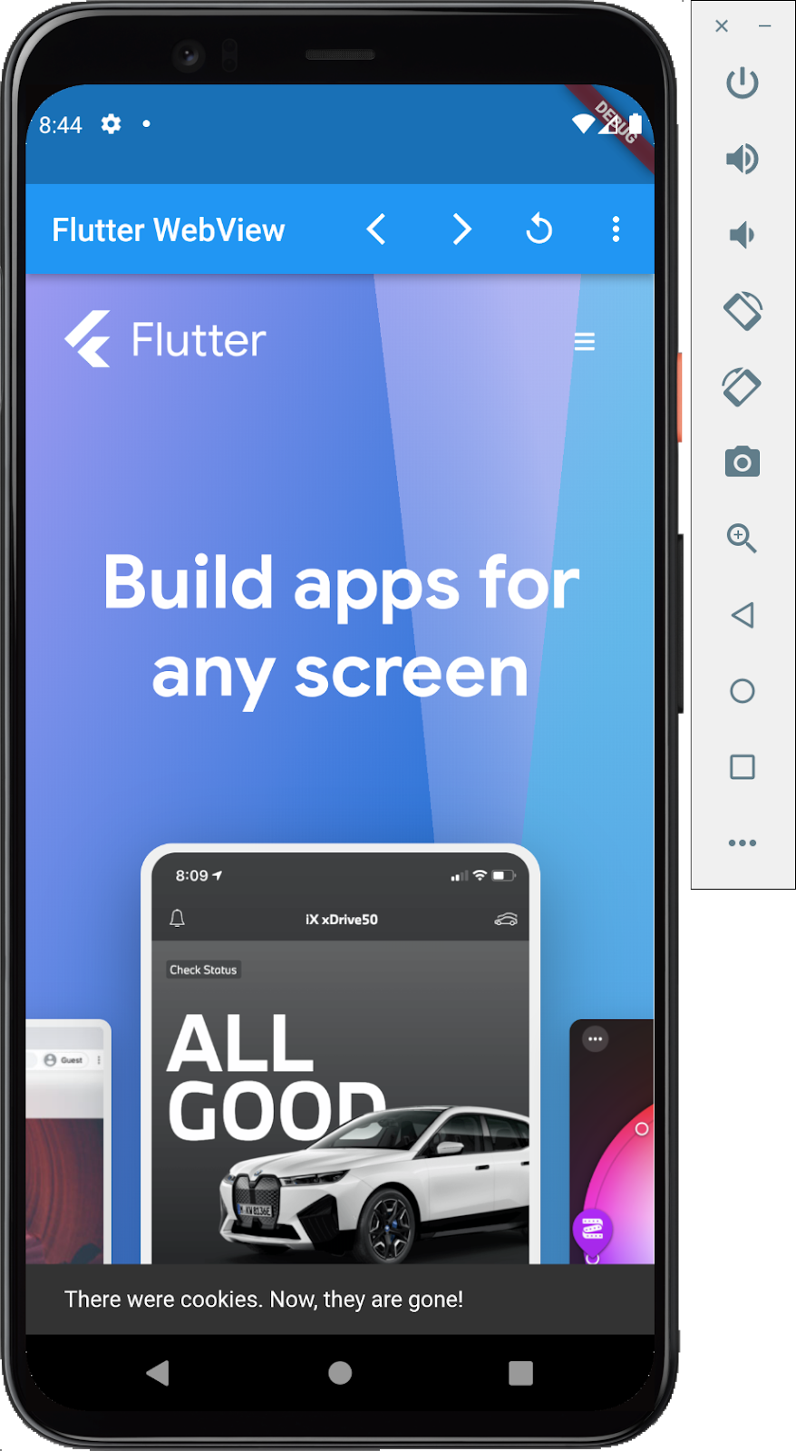 Android emulator running a Flutter app with an embedded webview showing the Flutter.dev homepage with a toast dialog that reads 'There were cookies. Now they are gone!'